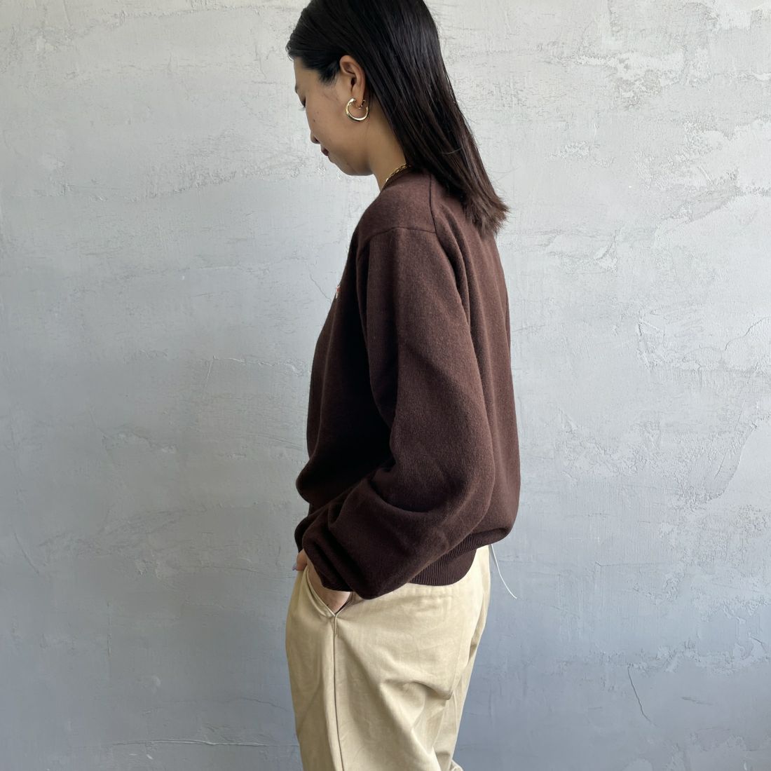DANTON [ダントン] クルーネックプルオーバーニット [DT-D0027LMW] BROWN &&モデル身長：163cm 着用サイズ：36&&