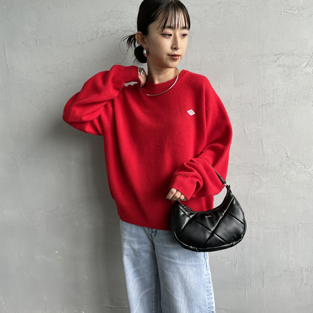 DANTON [ダントン] クルーネックプルオーバーニット [DT-D0027LMW] RED &&モデル身長：150cm 着用サイズ：36&&