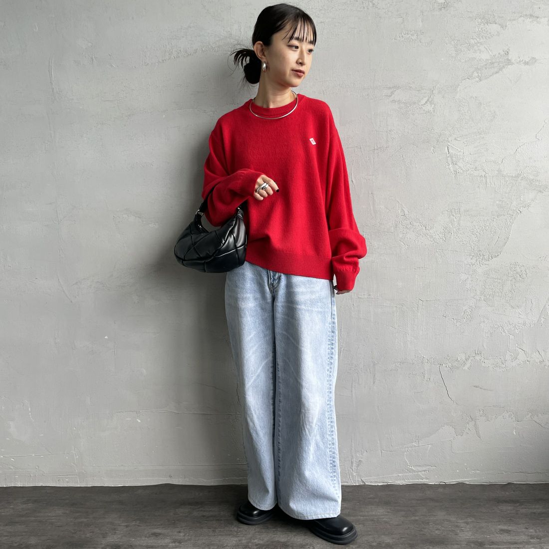 DANTON [ダントン] クルーネックプルオーバーニット [DT-D0027LMW] RED &&モデル身長：150cm 着用サイズ：36&&