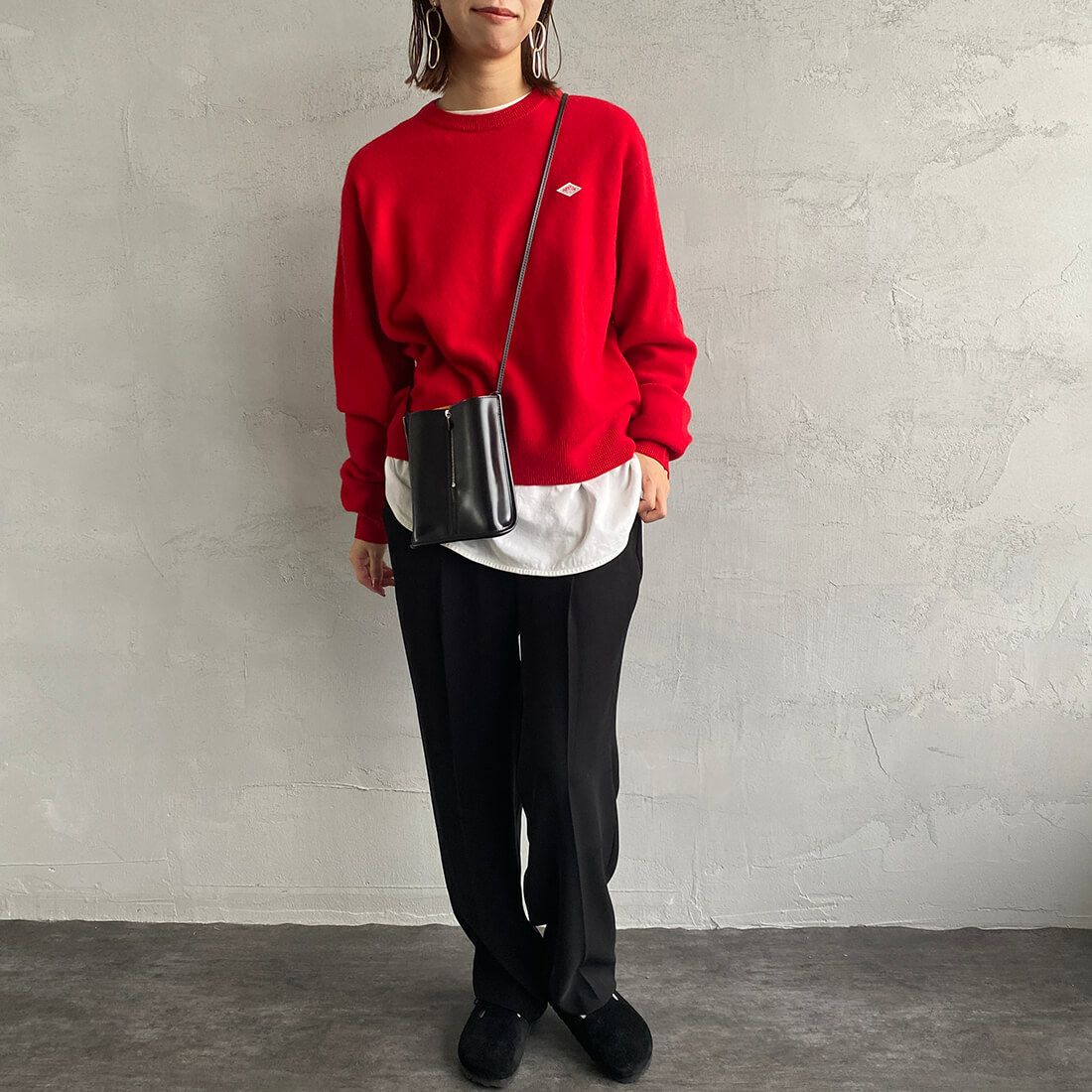 DANTON [ダントン] クルーネックプルオーバーニット [DT-D0027LMW] RED &&モデル身長：163cm 着用サイズ：36&&