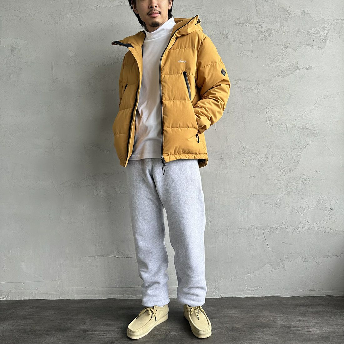 JEANSFACTORY × NANGA [ジーンズファクトリー × ナンガ] 別注 焚火ダウンジャケット [JMP-234-052-JF] YELLOW &&モデル身長：173cm 着用サイズ：L&&