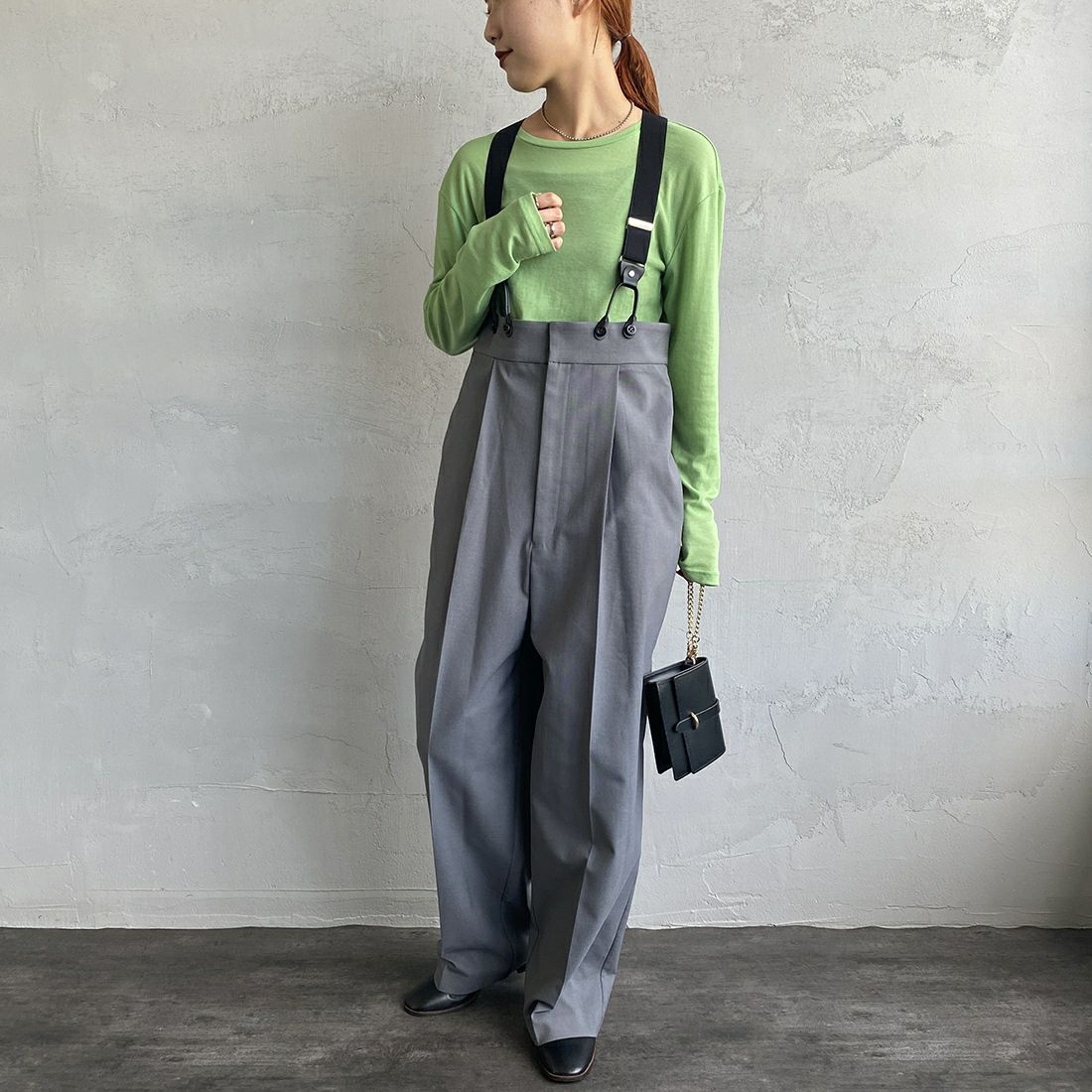 Jeans Factory Clothes [ジーンズファクトリークローズ] ハイウエストサスペンダーパンツ [219052] 02 ｸﾞﾚｰ&&モデル身長：156cm　着用サイズ：F&&