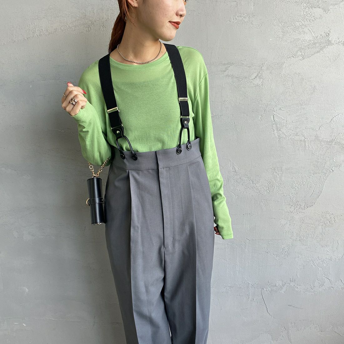 Jeans Factory Clothes [ジーンズファクトリークローズ] ハイウエストサスペンダーパンツ [219052] 02 ｸﾞﾚｰ&&モデル身長：156cm　着用サイズ：F&&