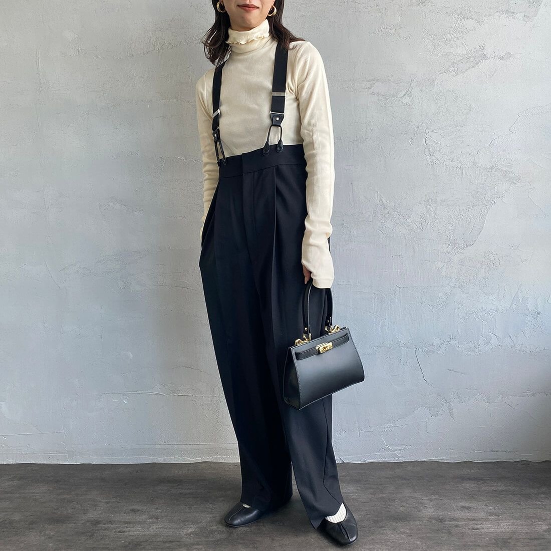 Jeans Factory Clothes [ジーンズファクトリークローズ] ハイウエストサスペンダーパンツ [219052] 04 ﾌﾞﾗｯｸ&&モデル身長：163cm　着用サイズ：F&&
