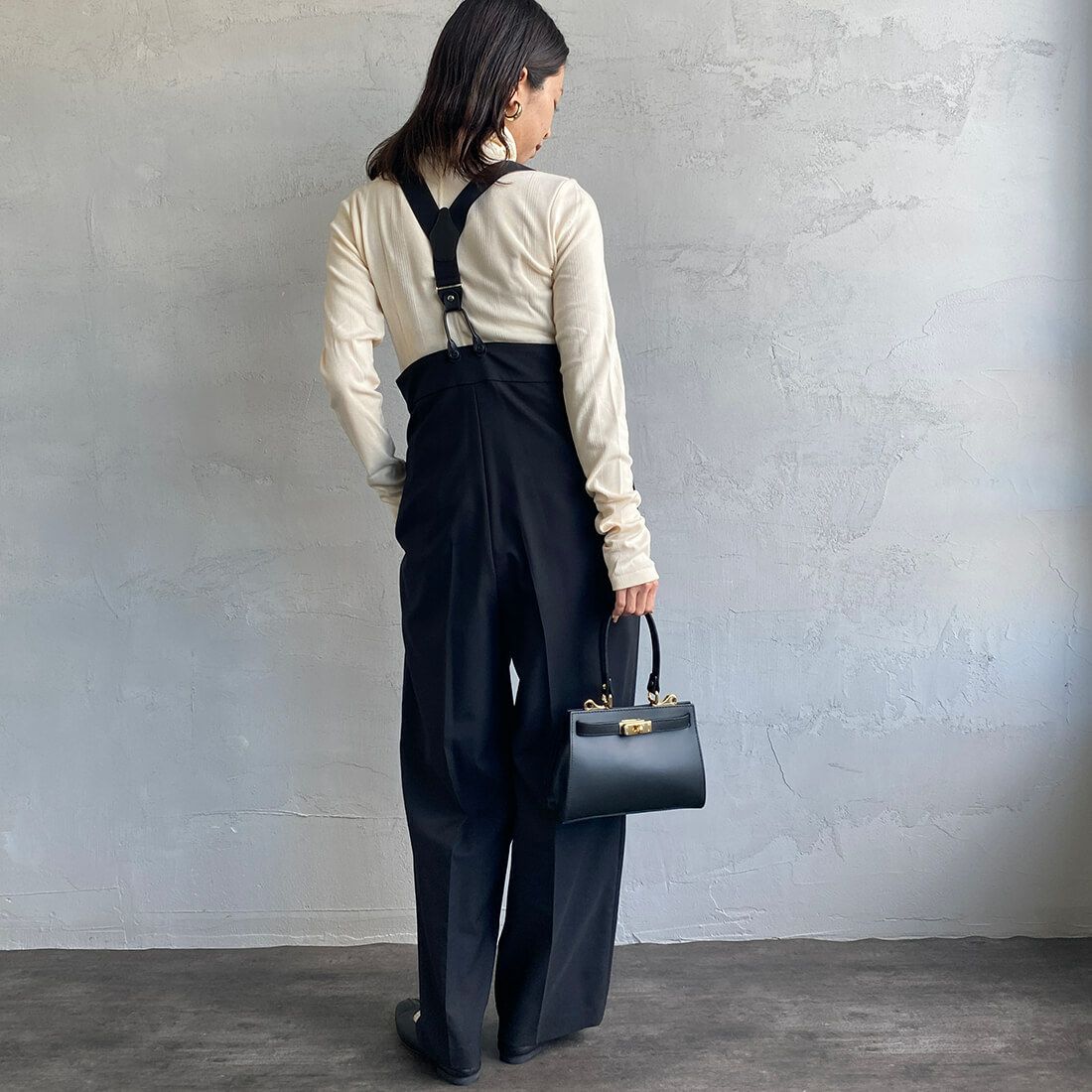 Jeans Factory Clothes [ジーンズファクトリークローズ] ハイウエストサスペンダーパンツ [219052] 04 ﾌﾞﾗｯｸ&&モデル身長：163cm　着用サイズ：F&&