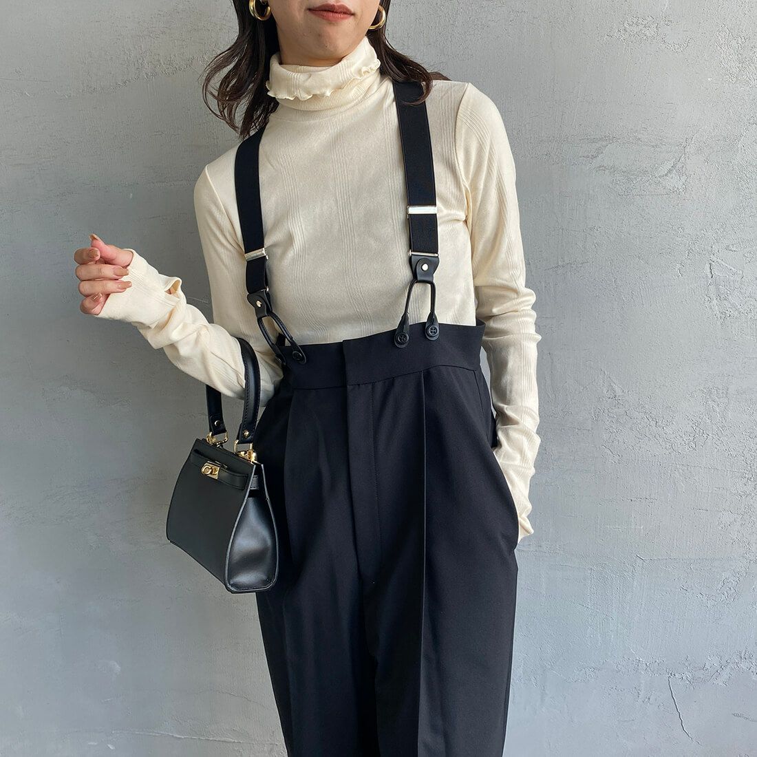 Jeans Factory Clothes [ジーンズファクトリークローズ] ハイウエストサスペンダーパンツ [219052] 04 ﾌﾞﾗｯｸ&&モデル身長：163cm　着用サイズ：F&&