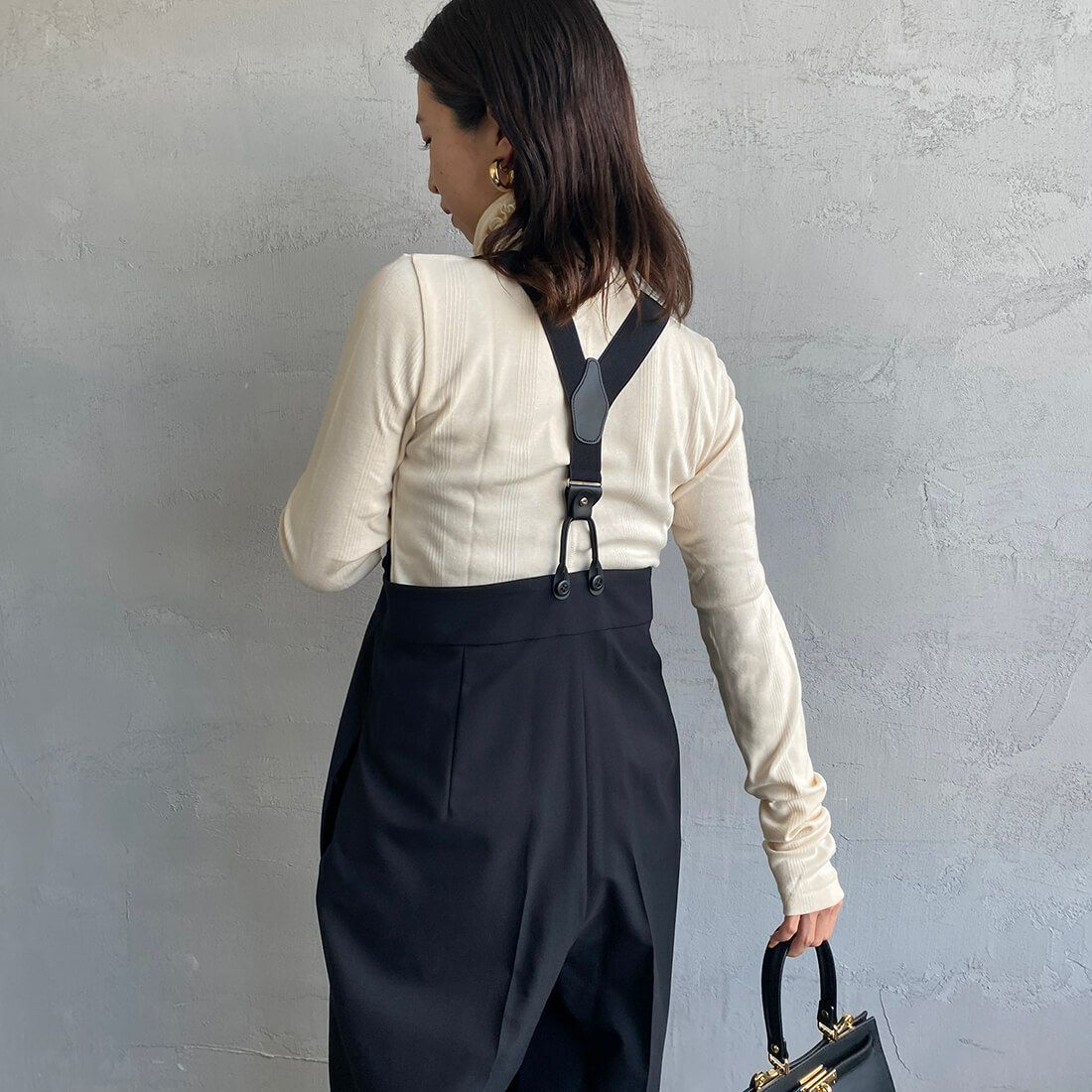 Jeans Factory Clothes [ジーンズファクトリークローズ] ハイウエストサスペンダーパンツ [219052] 04 ﾌﾞﾗｯｸ&&モデル身長：163cm　着用サイズ：F&&