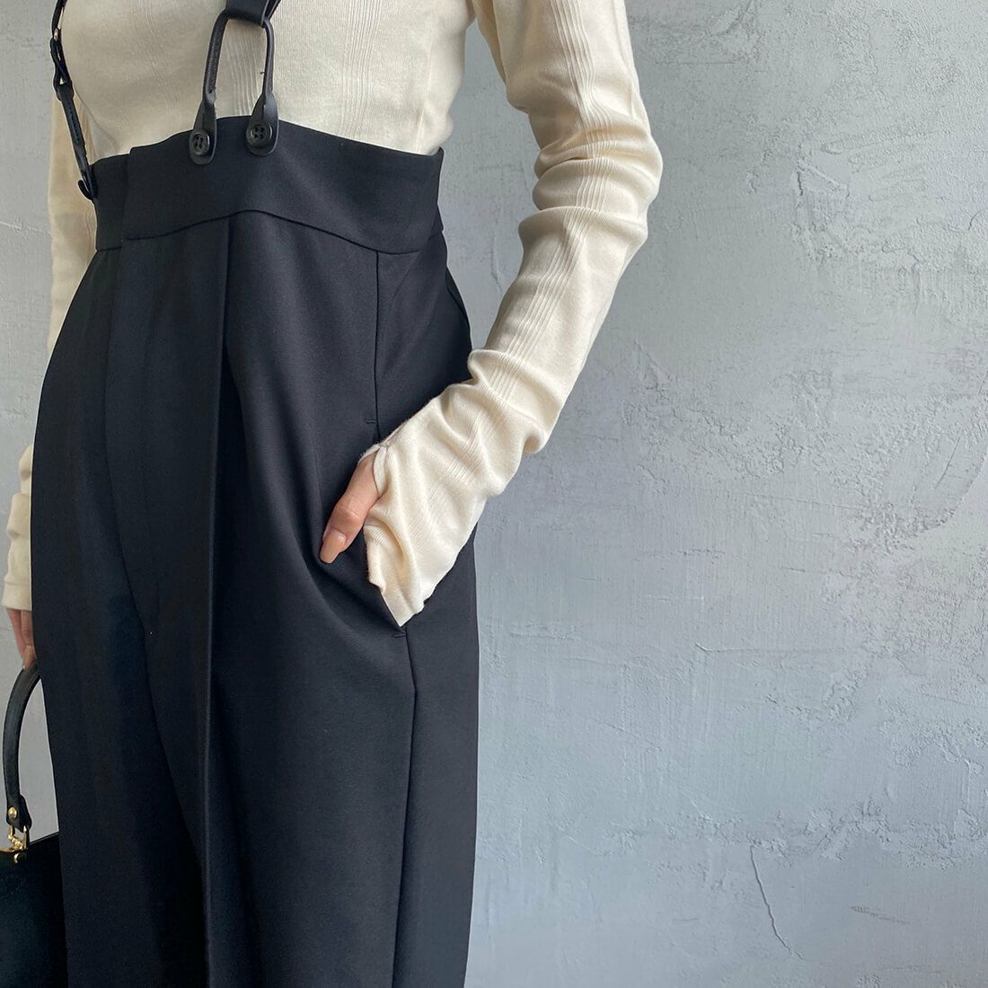 Jeans Factory Clothes [ジーンズファクトリークローズ] ハイウエストサスペンダーパンツ [219052] 04 ﾌﾞﾗｯｸ&&モデル身長：163cm　着用サイズ：F&&
