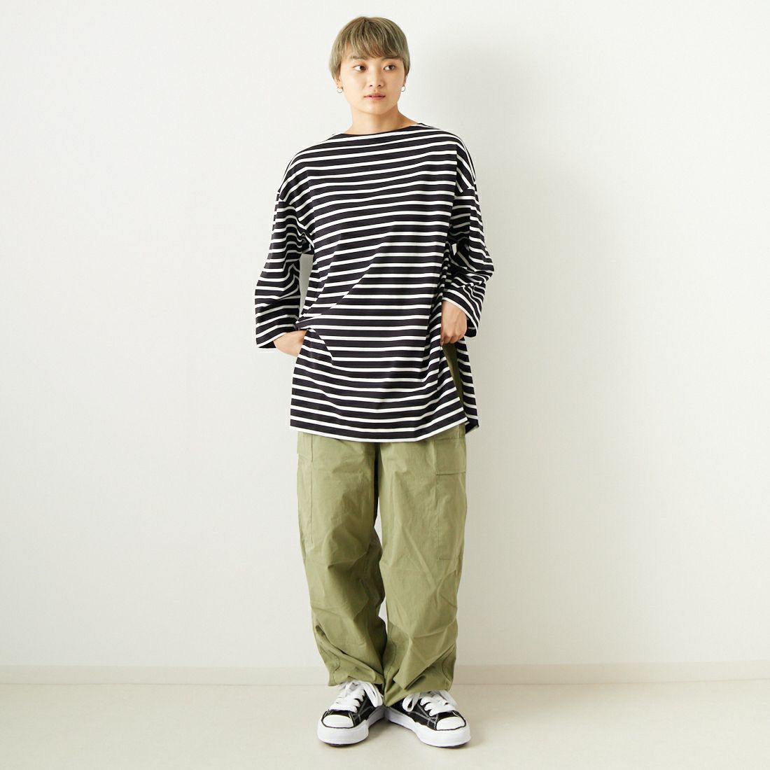 ORCIVAL [オーシバル] ワイドボートネックプルオーバー [OR-C0223MER] BLACK/WHIT &&モデル身長：160cm 着用サイズ：1&&