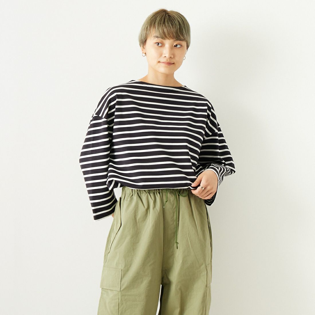 ORCIVAL [オーシバル] ワイドボートネックプルオーバー [OR-C0223MER] BLACK/WHIT &&モデル身長：160cm 着用サイズ：1&&