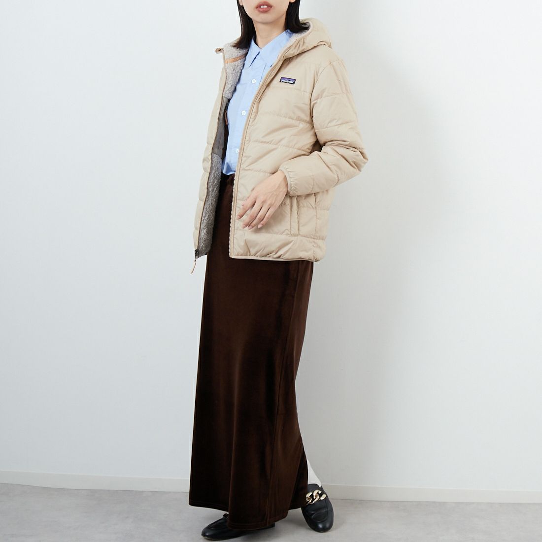 patagonia [パタゴニア] リバーシブル レディ フレディ フーディ [68095] ORTN &&モデル身長：162cm 着用サイズ：KID-XL&&