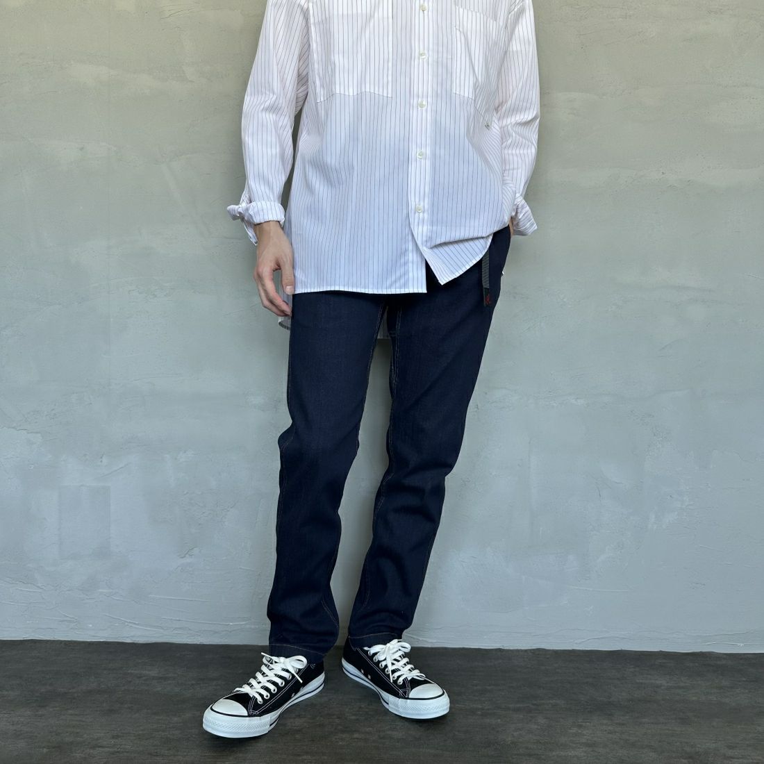 GRAMiCCi [グラミチ] ストレッチデニムNNパンツ タイトクロップド [G113-OGSD] ONE WASH &&モデル身長：168cm 着用サイズ：M&&