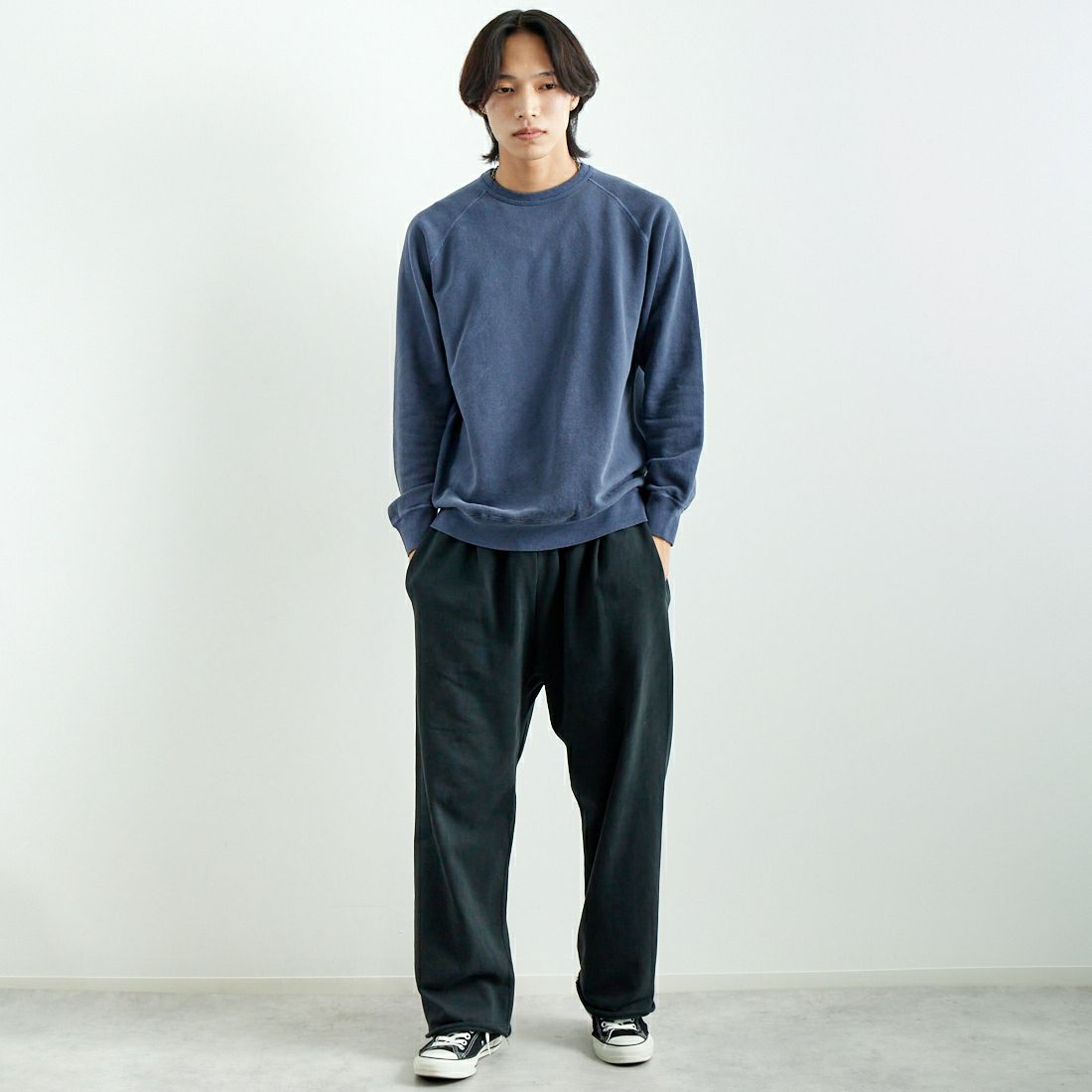 Good On [グッドオン] ラグランクルーネックスウェット [GOBW-101] P-NAVY &&モデル身長：179cm 着用サイズ：L&&
