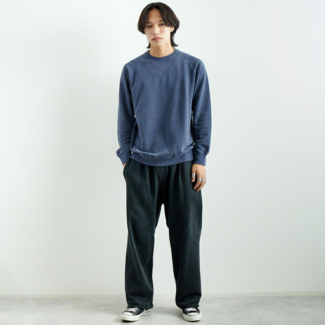 Good On [グッドオン] ラグランクルーネックスウェット [GOBW-101] P-NAVY &&モデル身長：179cm 着用サイズ：L&&