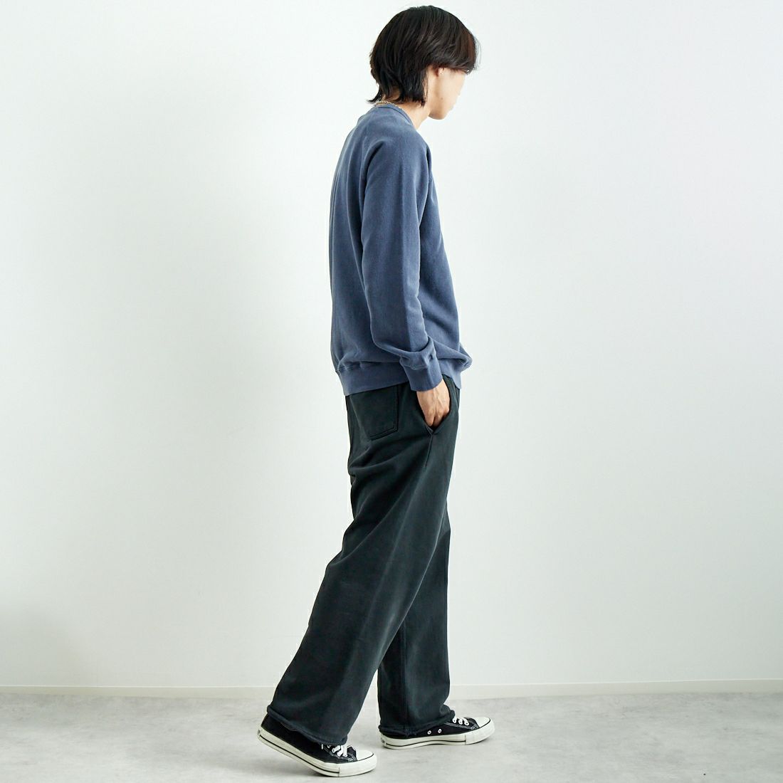 Good On [グッドオン] ラグランクルーネックスウェット [GOBW-101] P-NAVY &&モデル身長：179cm 着用サイズ：L&&