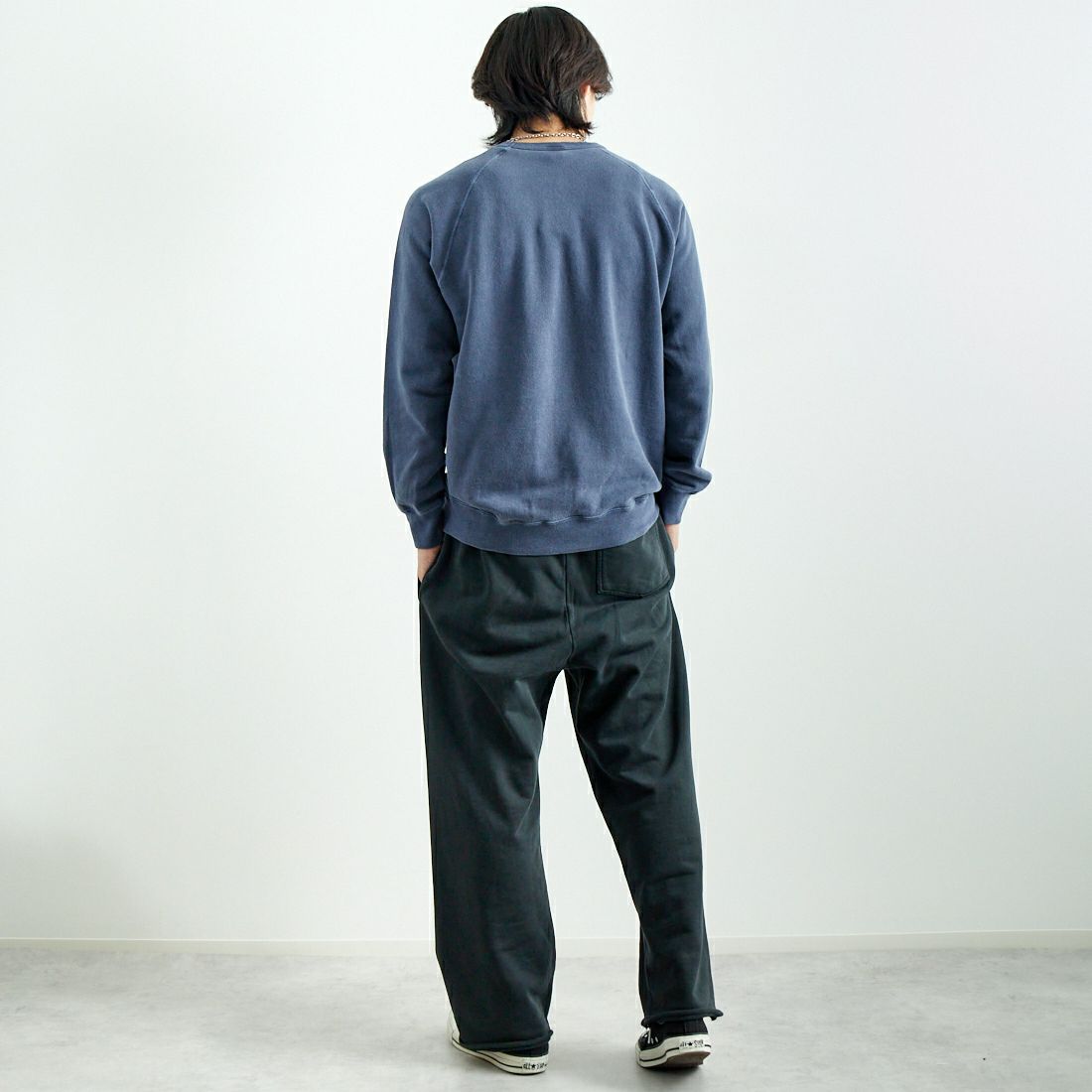 Good On [グッドオン] ラグランクルーネックスウェット [GOBW-101] P-NAVY &&モデル身長：179cm 着用サイズ：L&&
