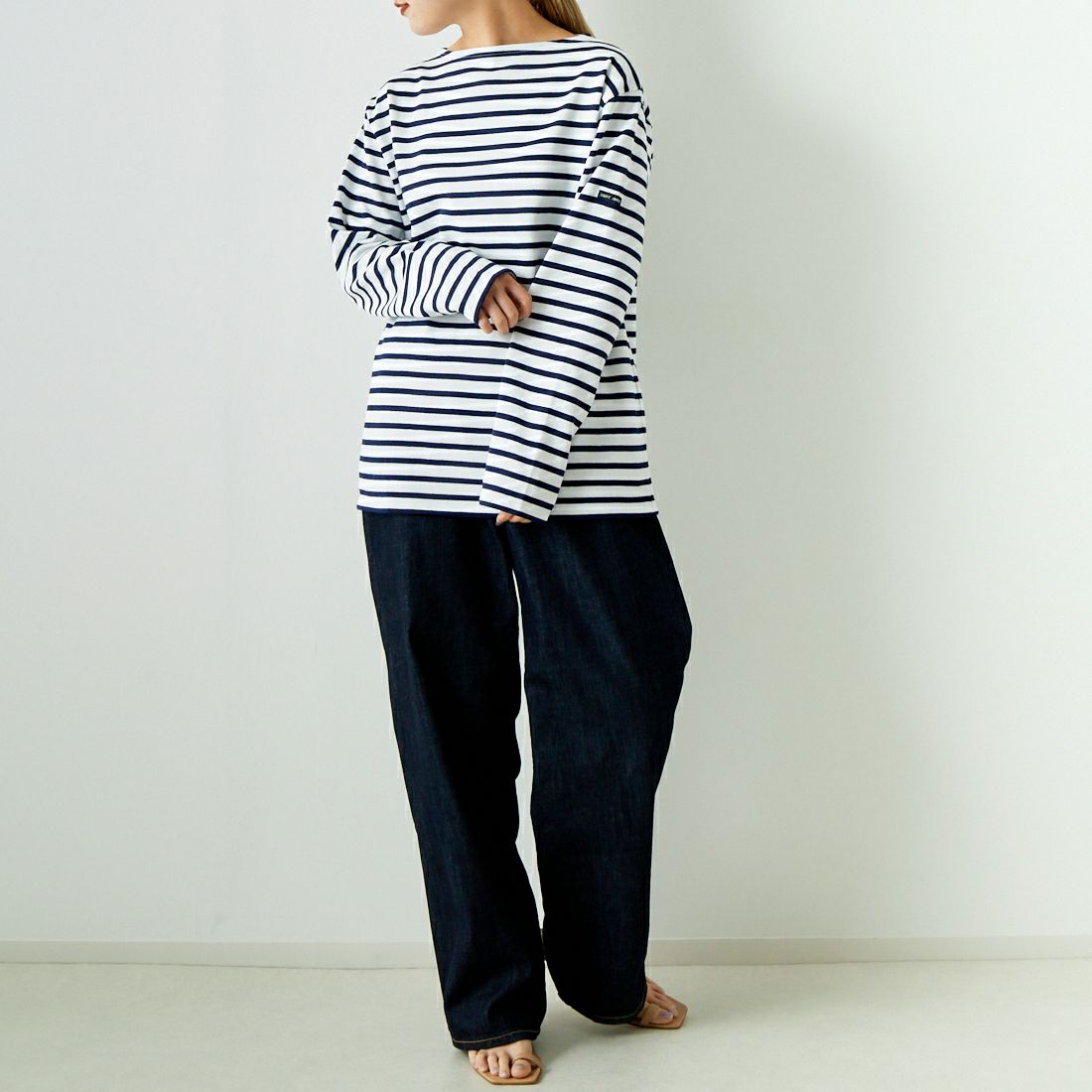 ST.JAMES [セントジェームス] バスクボーダーロングスリーブTシャツ [OUESSANT] NEI/MAR&&モデル身長：156cm 着用サイズ：3&&