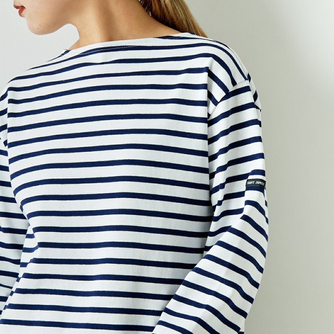 ST.JAMES [セントジェームス] バスクボーダーロングスリーブTシャツ [OUESSANT] NEI/MAR&&モデル身長：156cm 着用サイズ：3&&