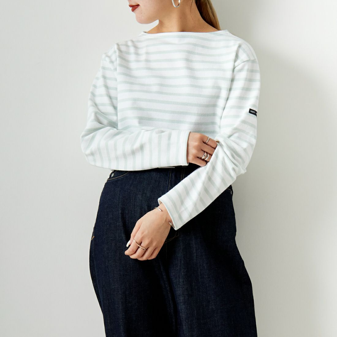 ST.JAMES [セントジェームス] バスクボーダーロングスリーブTシャツ [OUESSANT] NEI/WAT&&モデル身長：156cm 着用サイズ：3&&