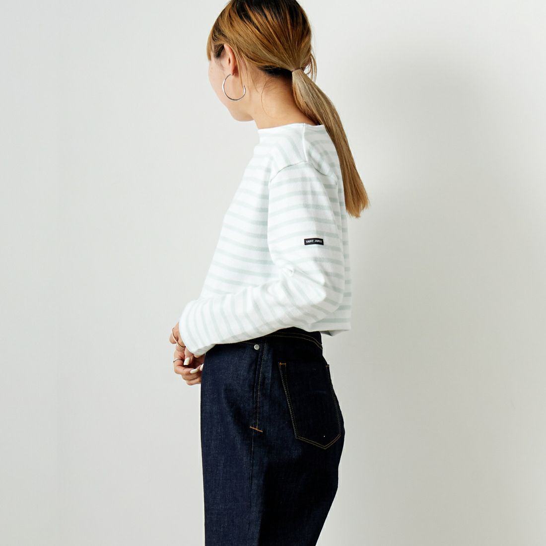 ST.JAMES [セントジェームス] バスクボーダーロングスリーブTシャツ [OUESSANT] NEI/WAT&&モデル身長：156cm 着用サイズ：3&&
