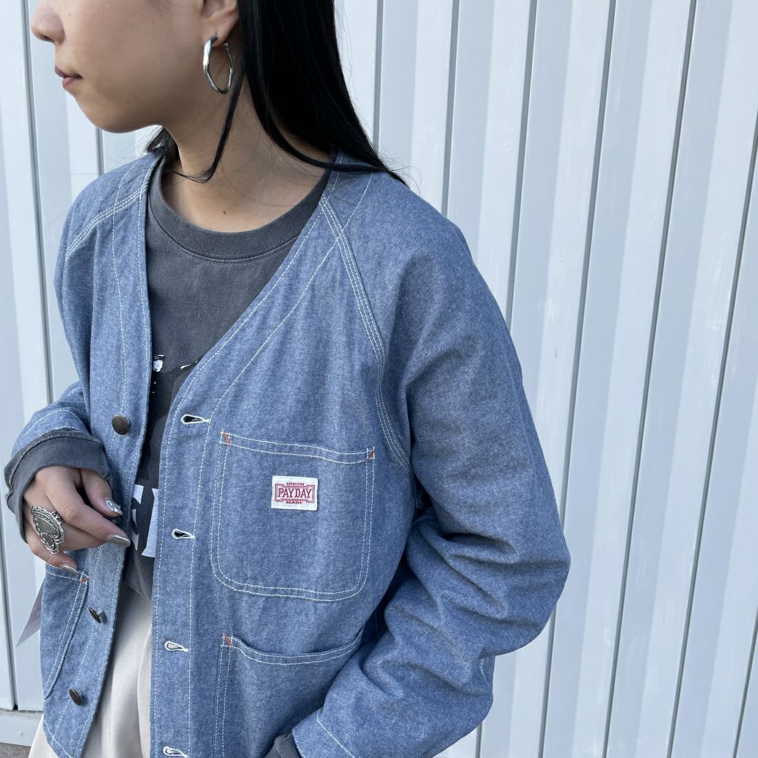 PAY DAY [ペイデイ] 別注 エンジニアジャケット [PD10-CA-IN4-JF] ｼｬﾝﾌﾞﾚｰ &&モデル身長：163cm 着用サイズ：F&&