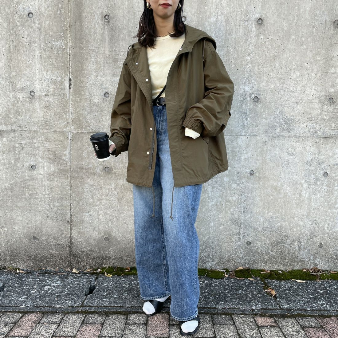 Jeans Factory Clothes [ジーンズファクトリークローズ] ショート丈 ナイロンモッズパーカー [IN1-CT-4] KHAKI &&モデル身長：163cm 着用サイズ：F&&