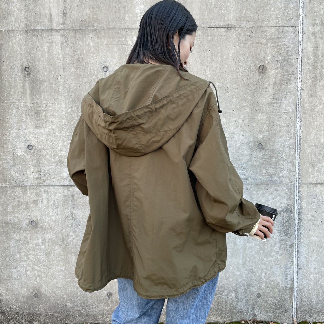 Jeans Factory Clothes [ジーンズファクトリークローズ] ショート丈 ナイロンモッズパーカー [IN1-CT-4] KHAKI &&モデル身長：163cm 着用サイズ：F&&