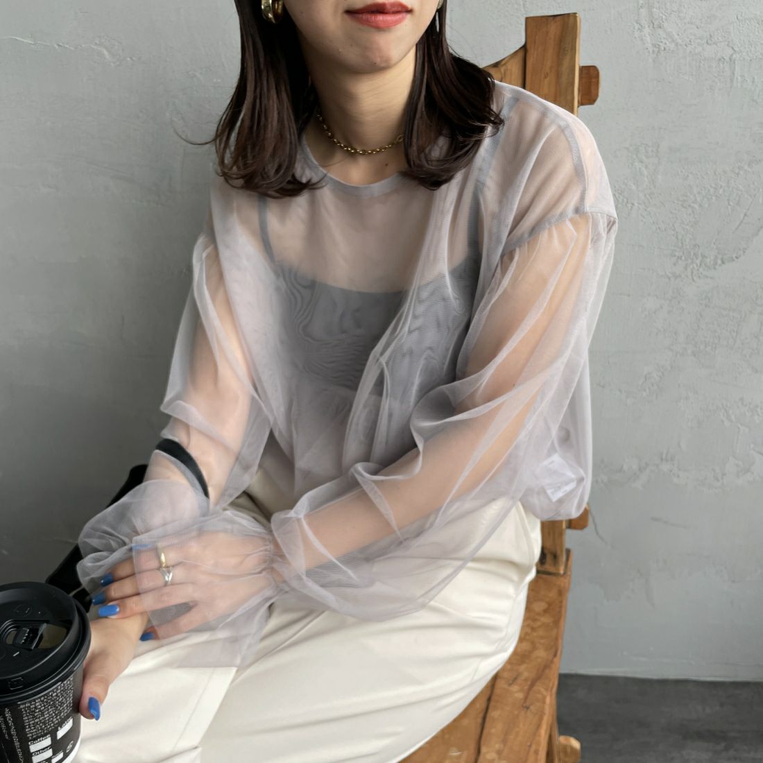 By/m [バイエム] シアーメッシュブラウス [24112009] 05 L.GRAY &&モデル身長：163cm 着用サイズ：F&&