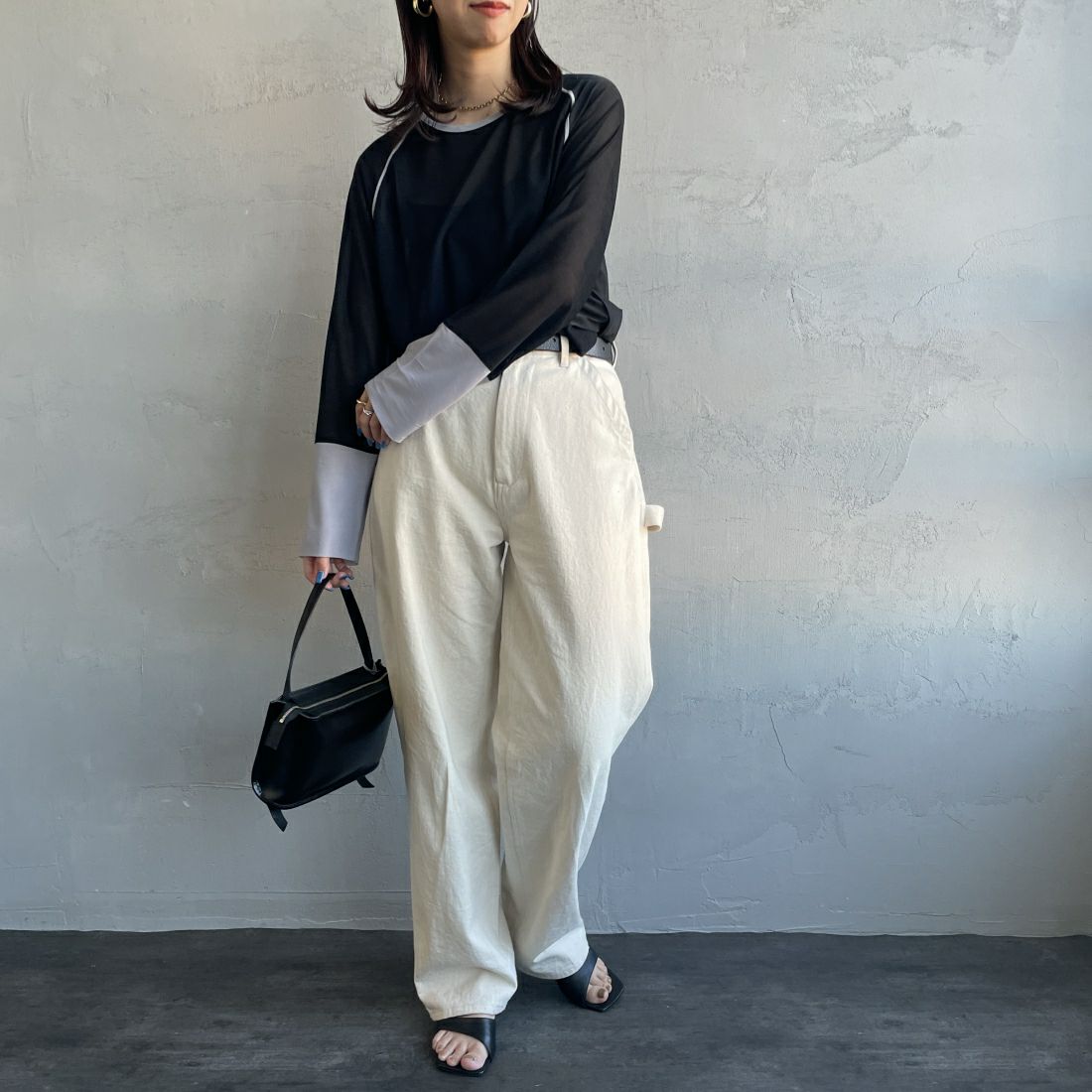 By/m [バイエム] シアーラグランスリーブカットソー [24112013] 09 BLK/GRY &&モデル身長：163cm 着用サイズ：F&&