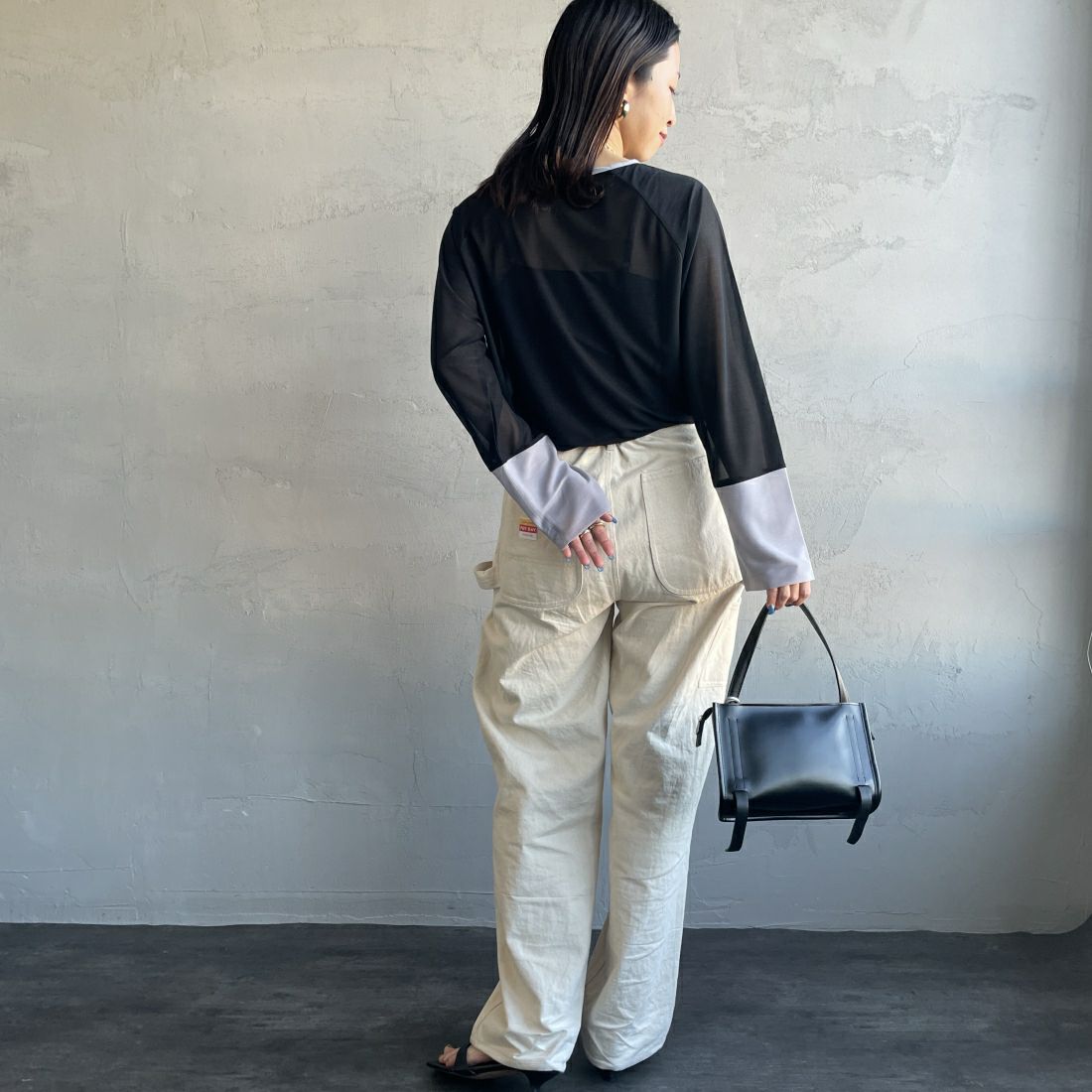 By/m [バイエム] シアーラグランスリーブカットソー [24112013] 09 BLK/GRY &&モデル身長：163cm 着用サイズ：F&&