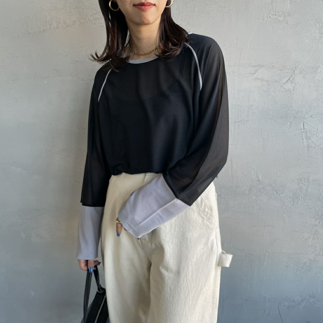 By/m [バイエム] シアーラグランスリーブカットソー [24112013] 09 BLK/GRY &&モデル身長：163cm 着用サイズ：F&&