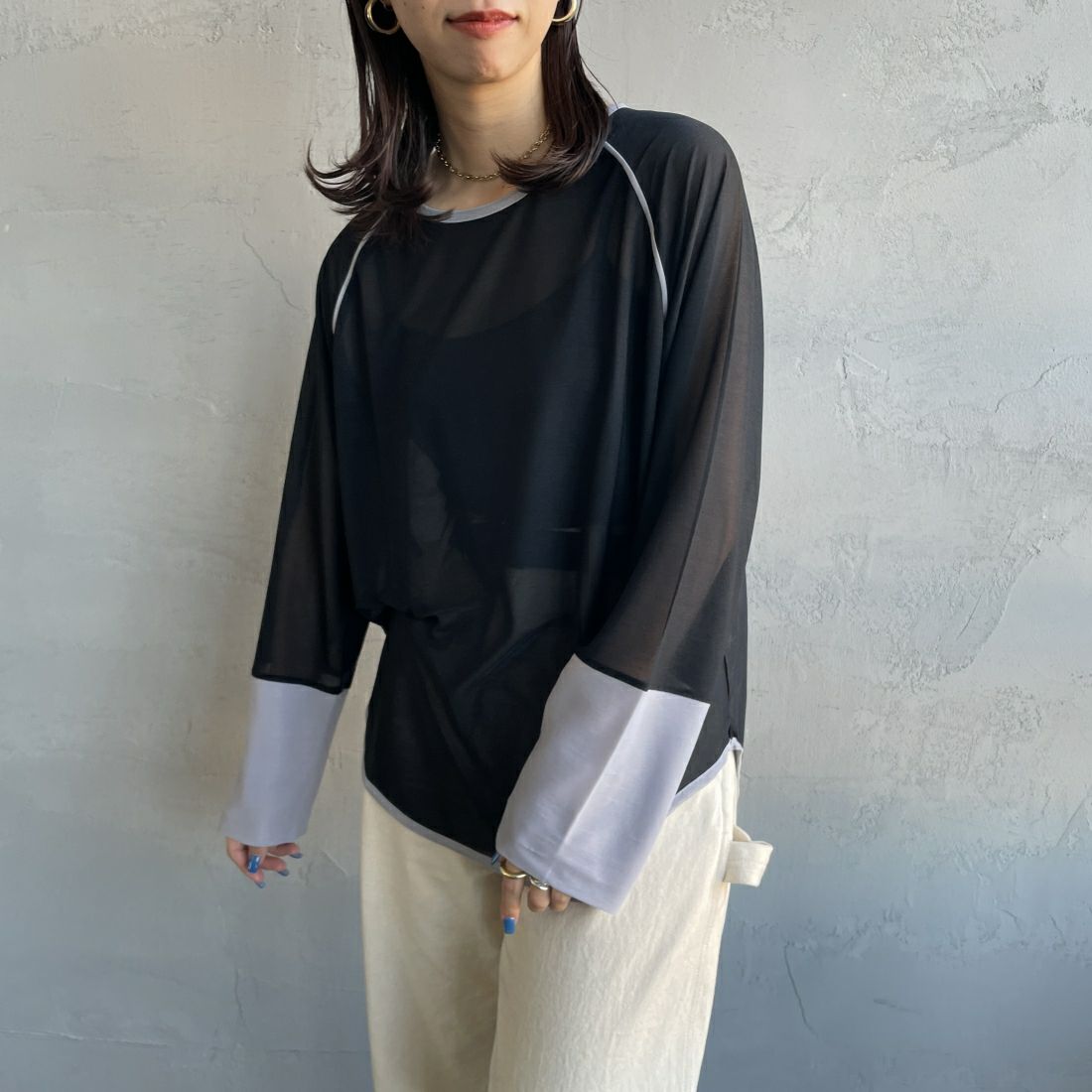 By/m [バイエム] シアーラグランスリーブカットソー [24112013] 09 BLK/GRY &&モデル身長：163cm 着用サイズ：F&&