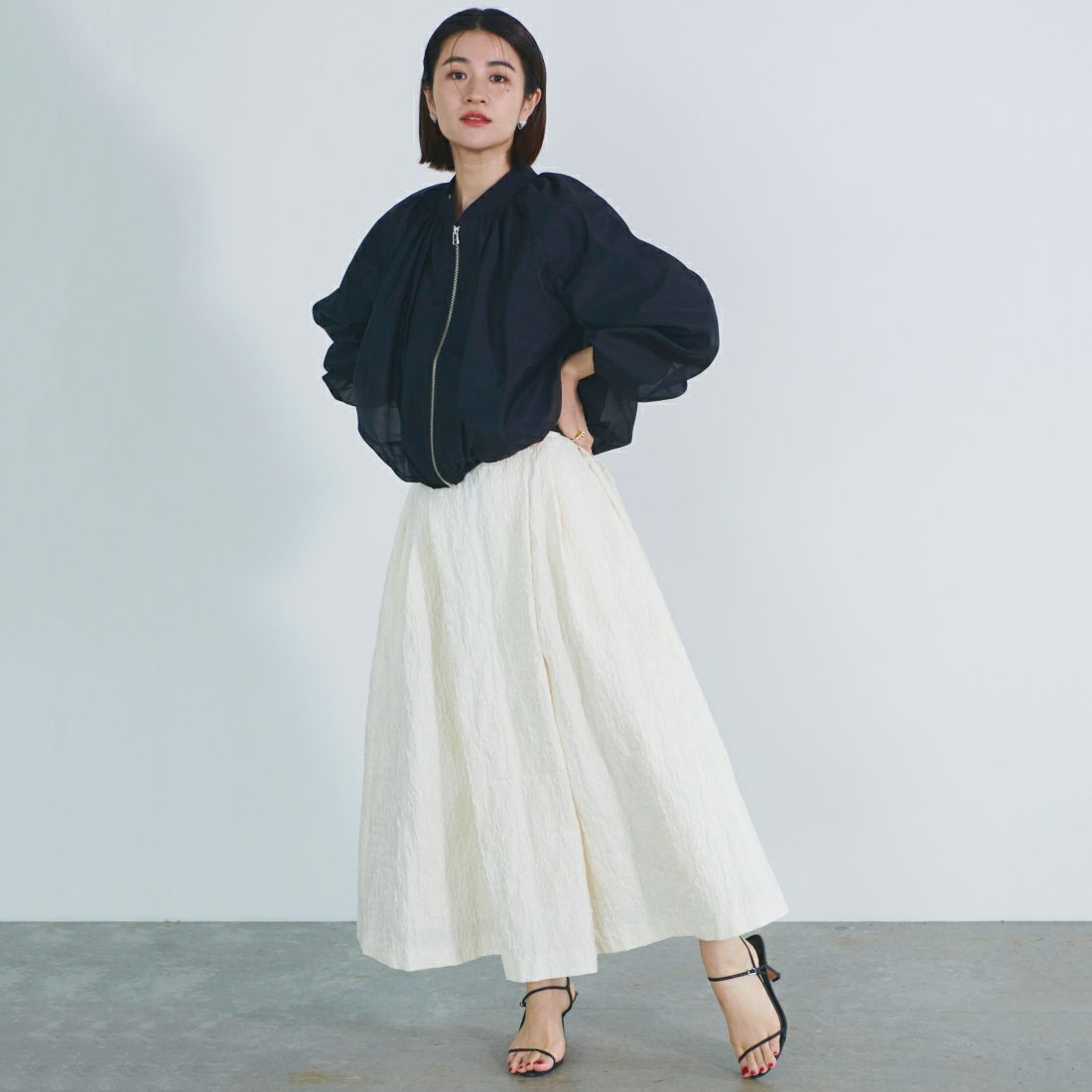 USINE [ユジーヌ] ジャガード織 タックギャザーフレアスカート [2410501] IVORY