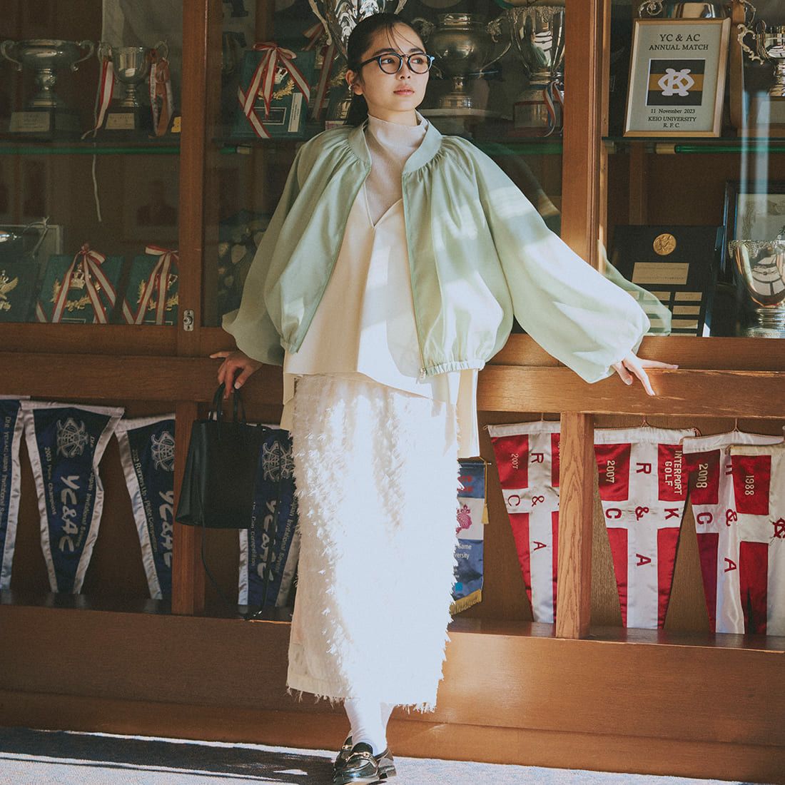 By/m [バイエム] ジャガードフリンジ フェザーナローロングスカート [23142061] 02 OFF &&モデル身長：165cm 着用サイズ：F&&