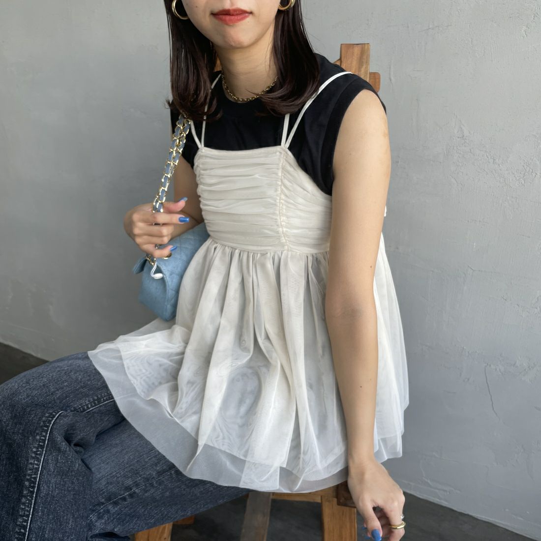 By/m [バイエム] ギャザーチュールキャミソール [24112008] 02 OFF &&モデル身長：163cm 着用サイズ：F&&