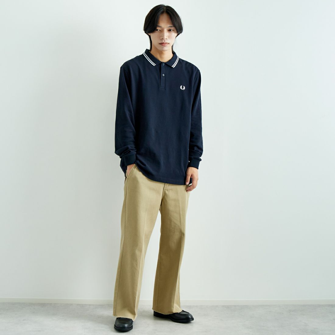 FRED PERRY [フレッドペリー] ツインティップライン ロングスリーブポロシャツ [M3636] 238 NVY/WH &&モデル身長：179cm 着用サイズ：XL&&