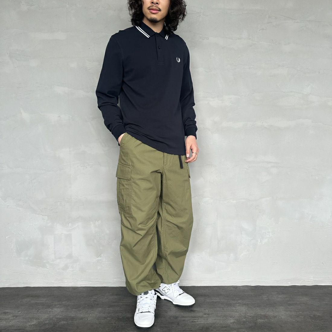 FRED PERRY [フレッドペリー] ツインティップライン ロングスリーブポロシャツ [M3636] 238 NVY/WH &&モデル身長：173cm 着用サイズ：M&&