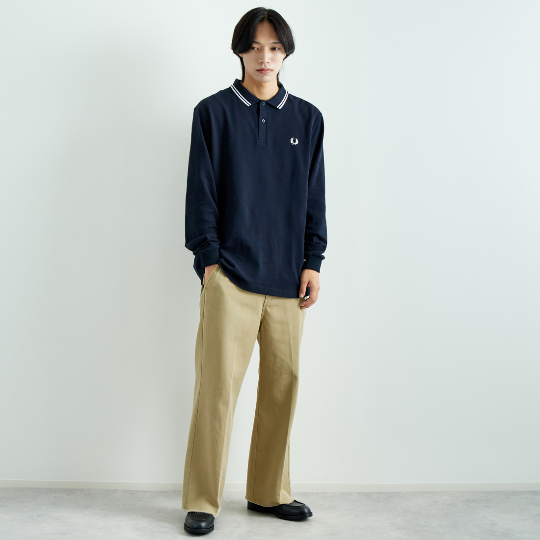 FRED PERRY [フレッドペリー] ツインティップライン ロングスリーブポロシャツ [M3636] 238 NVY/WH &&モデル身長：173cm 着用サイズ：M&&