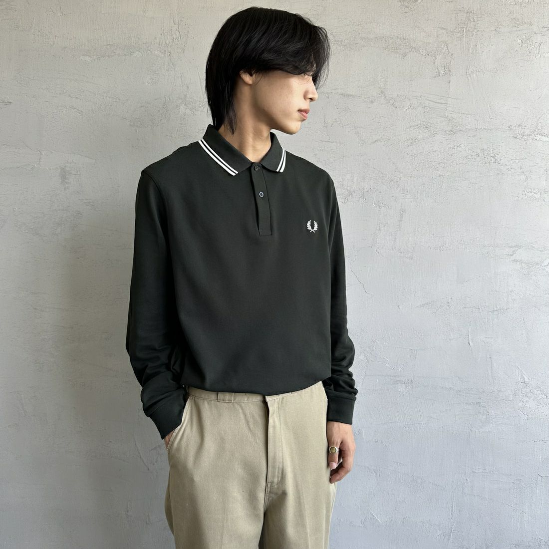 FRED PERRY [フレッドペリー] ツインティップライン ロングスリーブポロシャツ [M3636] 350 BLACK &&モデル身長：179cm 着用サイズ：XL&&