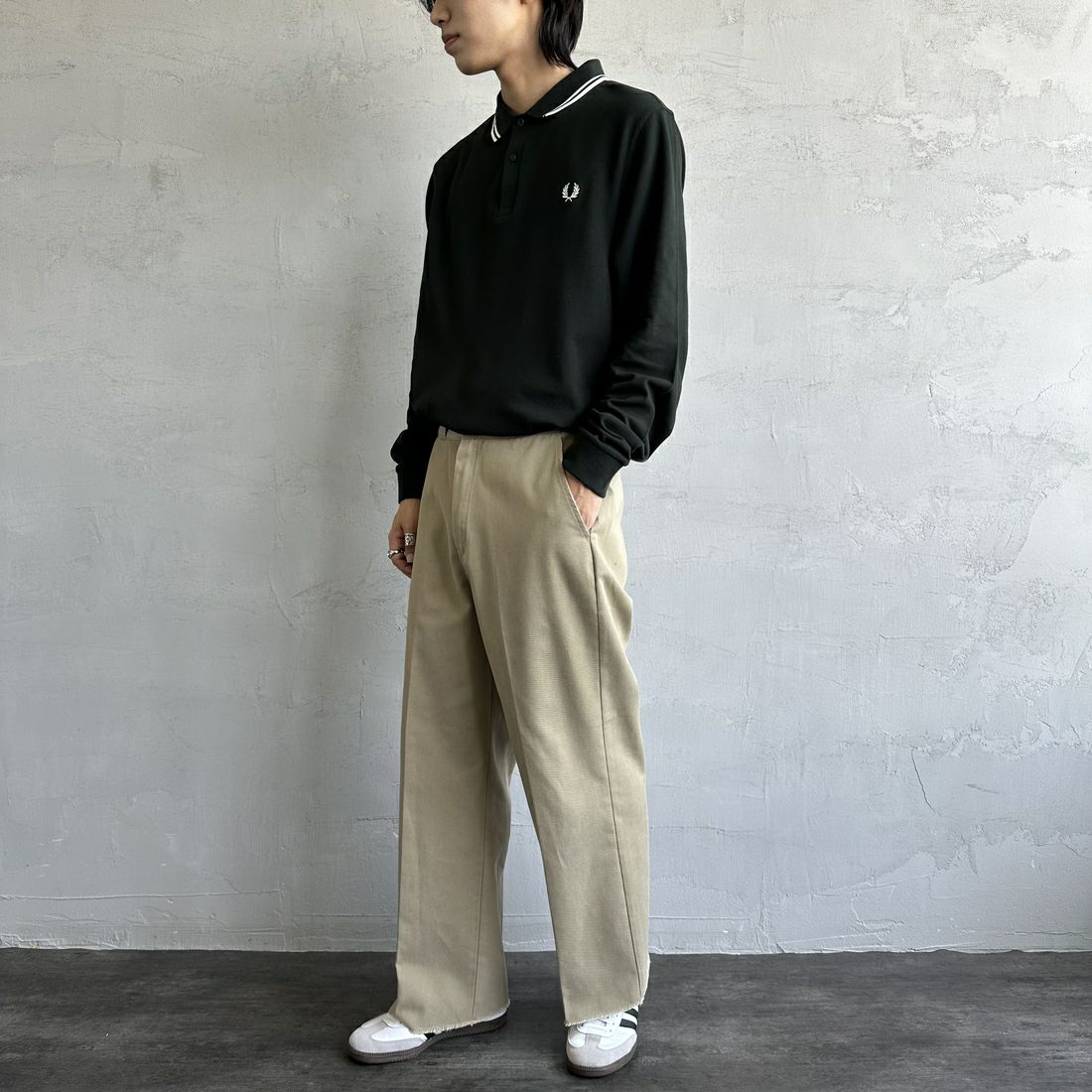 FRED PERRY [フレッドペリー] ツインティップライン ロングスリーブポロシャツ [M3636] 350 BLACK &&モデル身長：179cm 着用サイズ：XL&&