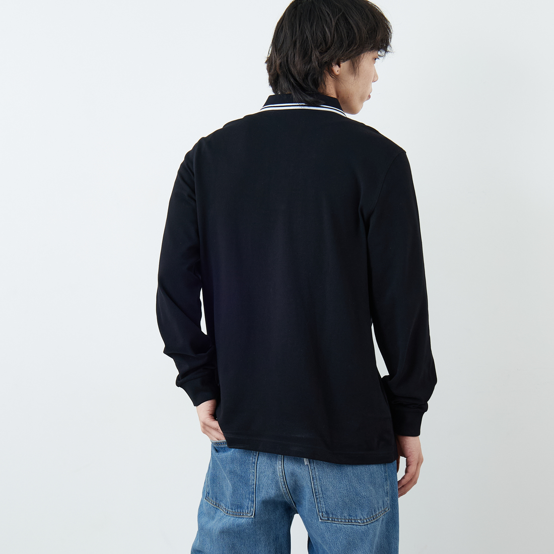 FRED PERRY [フレッドペリー] ツインティップライン ロングスリーブポロシャツ [M3636] 350 BLACK &&モデル身長：179cm 着用サイズ：XL&&