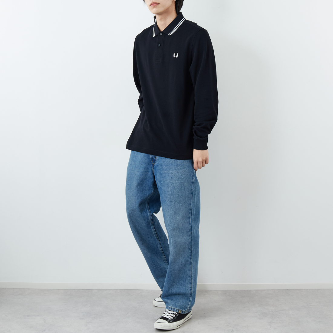 FRED PERRY [フレッドペリー] ツインティップライン ロングスリーブポロシャツ [M3636] 350 BLACK &&モデル身長：179cm 着用サイズ：XL&&