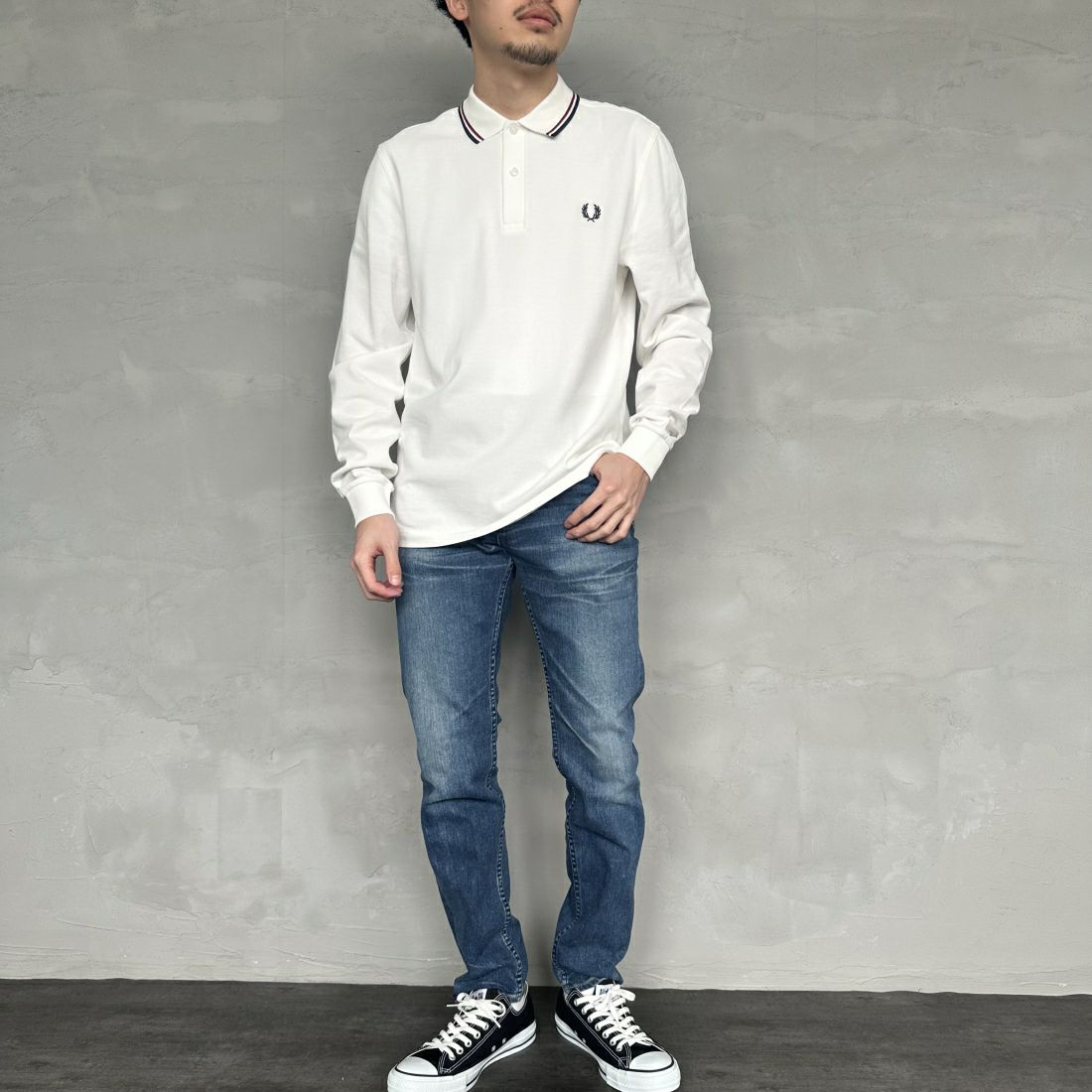 FRED PERRY [フレッドペリー] ツインティップライン ロングスリーブポロシャツ [M3636] T60 SNOW W &&モデル身長：168cm 着用サイズ：M&&