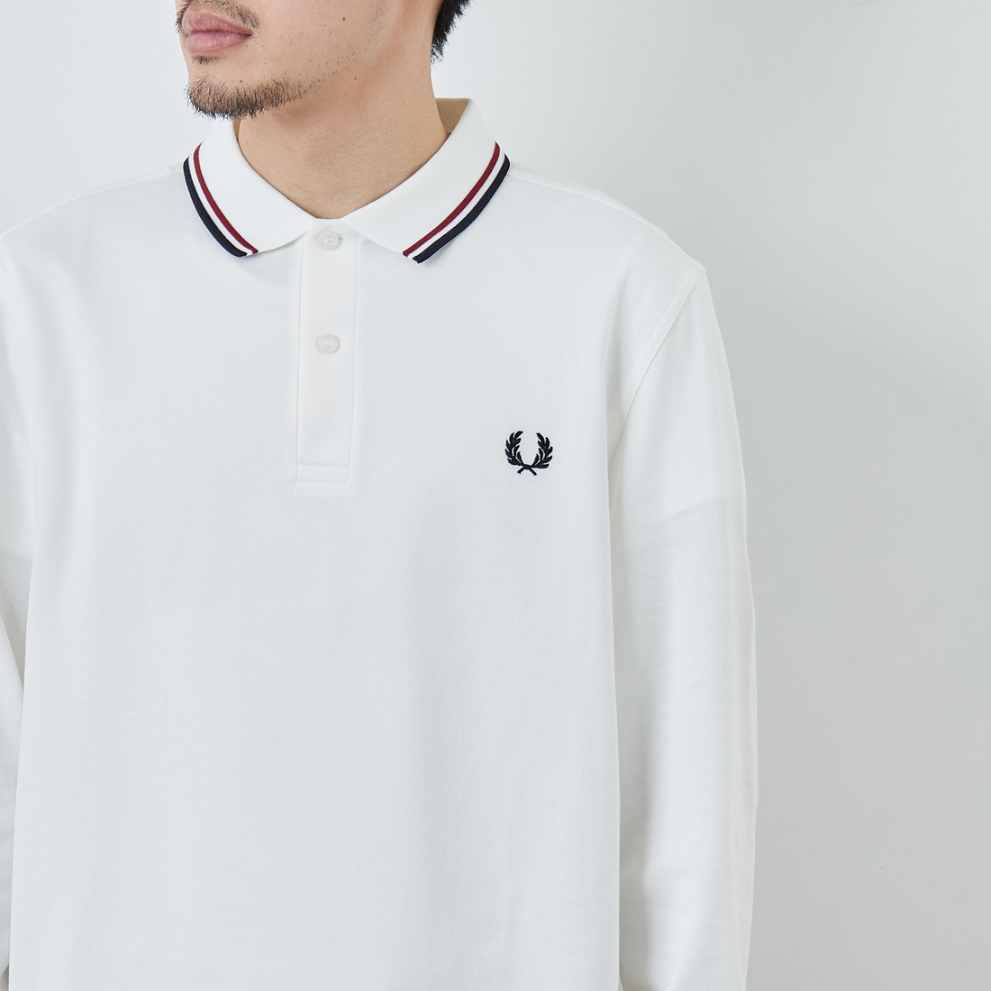 FRED PERRY [フレッドペリー] ツインティップライン ロングスリーブポロシャツ [M3636] T60 SNOW W &&モデル身長：168cm 着用サイズ：M&&