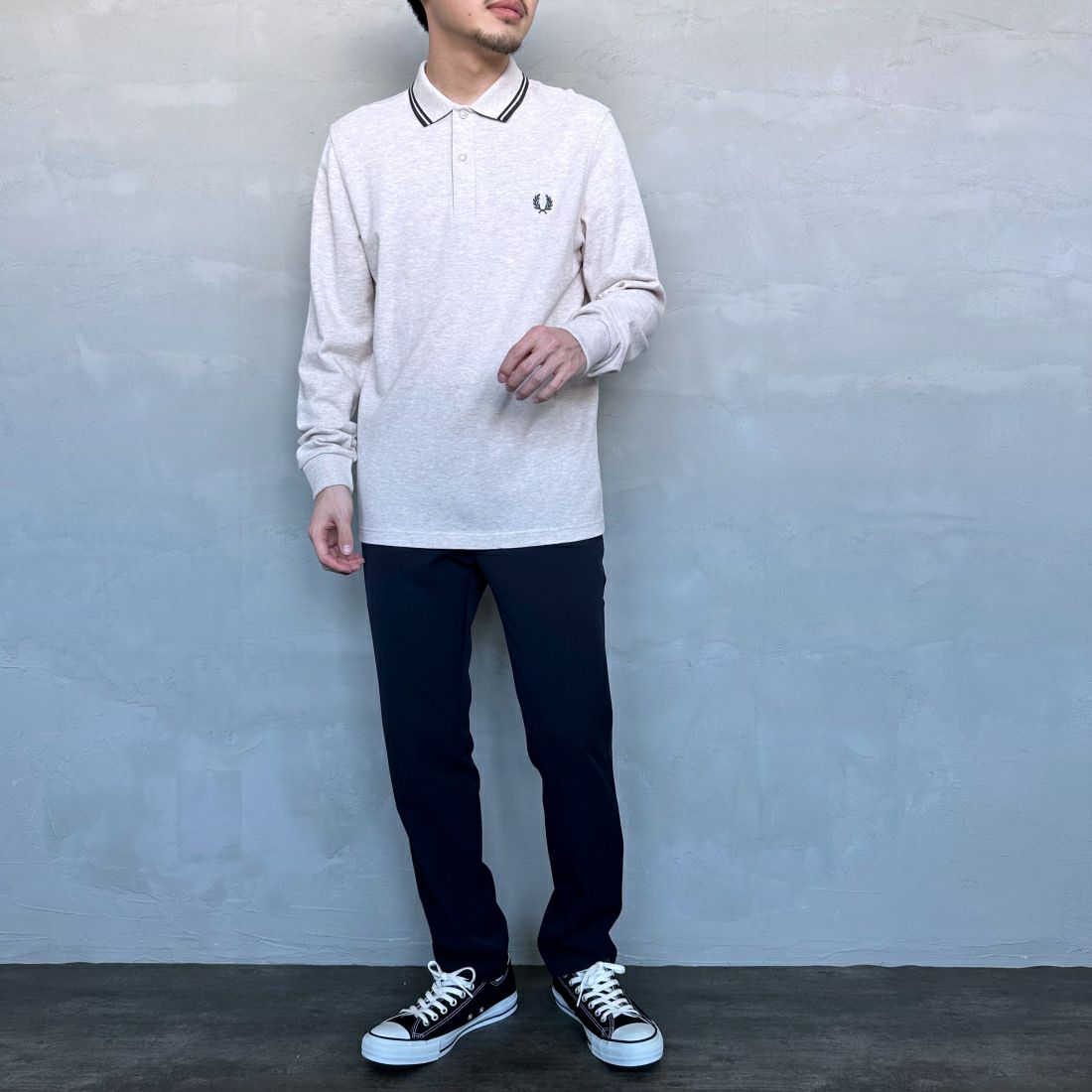 FRED PERRY [フレッドペリー] ツインティップライン ロングスリーブポロシャツ [M3636] W50 PORRDI &&モデル身長：168cm 着用サイズ：M&&