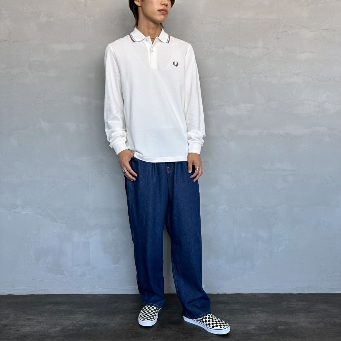 FRED PERRY [フレッドペリー] ツインティップライン ロングスリーブポロシャツ [M3636] Y20 LECR/S &&モデル身長：179cm 着用サイズ：M&&