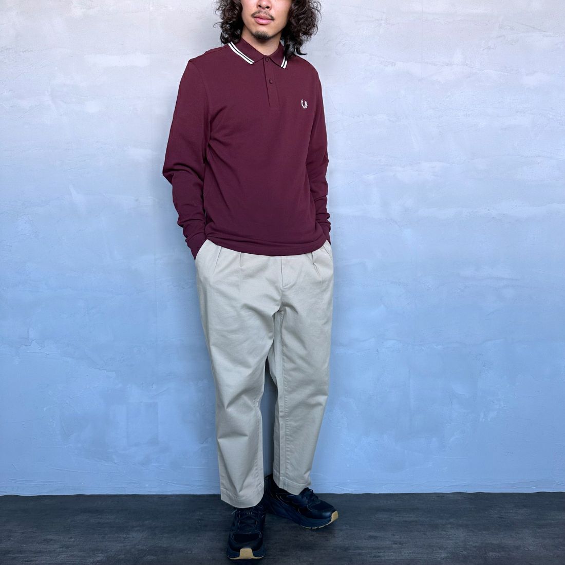 FRED PERRY [フレッドペリー] ツインティップライン ロングスリーブポロシャツ [M3636] 597 OX BLO &&モデル身長：173cm 着用サイズ：M&&