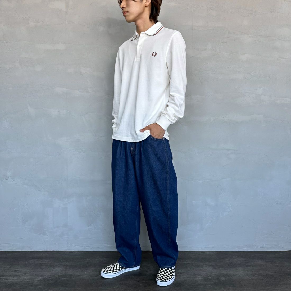 FRED PERRY [フレッドペリー] ツインティップライン ロングスリーブポロシャツ [M3636] Y20 LECR/S &&モデル身長：179cm 着用サイズ：M&&