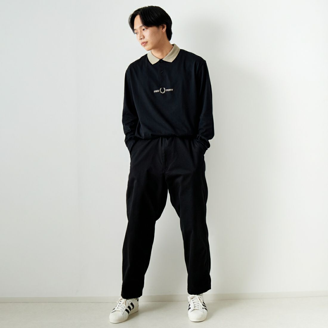 FRED PERRY [フレッドペリー] ポロシャツ [M7714] 102 BLACK&&モデル身長：179cm 着用サイズ：L&&