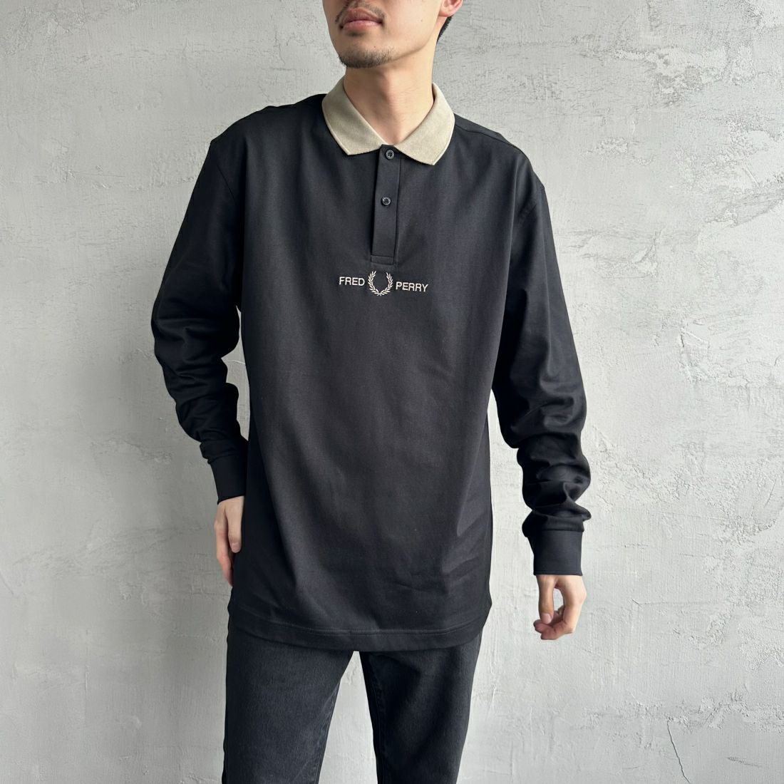 FRED PERRY [フレッドペリー] ポロシャツ [M7714] 102 BLACK &&モデル身長：168cm 着用サイズ：L&&